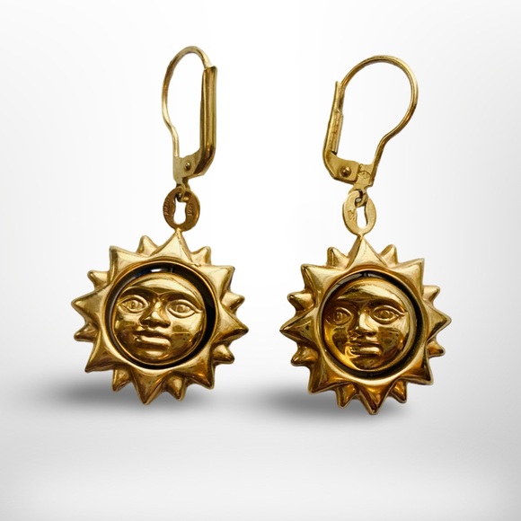 Vintage 14k Gold Two Tone Sun Face Dangle Earrings - Picture 2 of 3